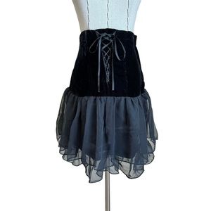 Vintage 80s 90s Contempo Casuals Black Velvet Lace Up Corset Chiffon Mini Skirt